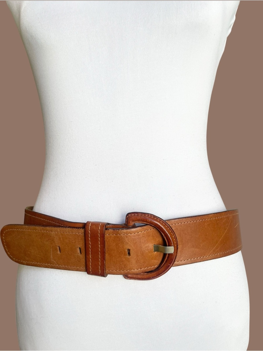 Cognac Brown Leather Wide Waist Belt Oversized D Buckle Size M